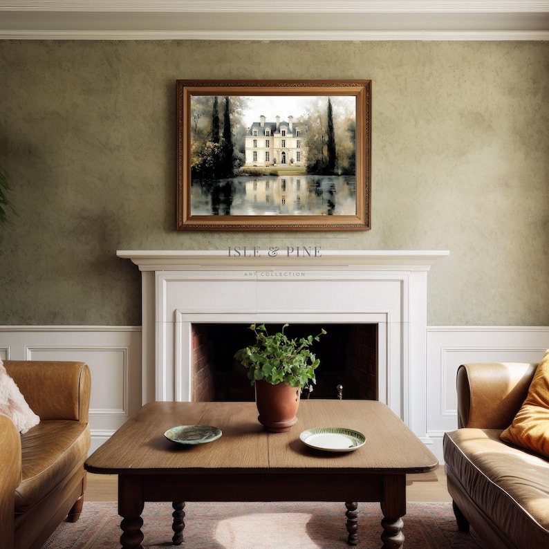 Elegant chateau painting poster for bedroom — Romantic morning light and soft pastel tones create a serene cottagecore atmosphere.