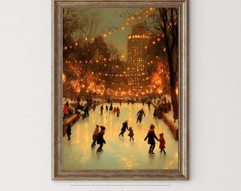 May include: A framed painting depicting an ice skating scene at night, with strings of lights illuminating the rink. Silhouetted figures ice skate on the ice. The artwork is from the Isle & Pine Art Collection.