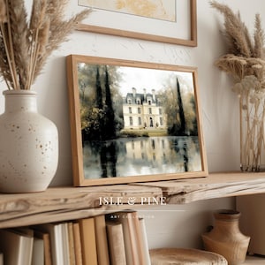 Dreamy chateau digital print for entryway — Soft morning light with pastoral colors invites a warm welcome to guests, perfect for decor.