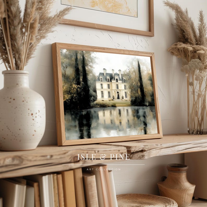 Dreamy chateau digital print for entryway — Soft morning light with pastoral colors invites a warm welcome to guests, perfect for decor.