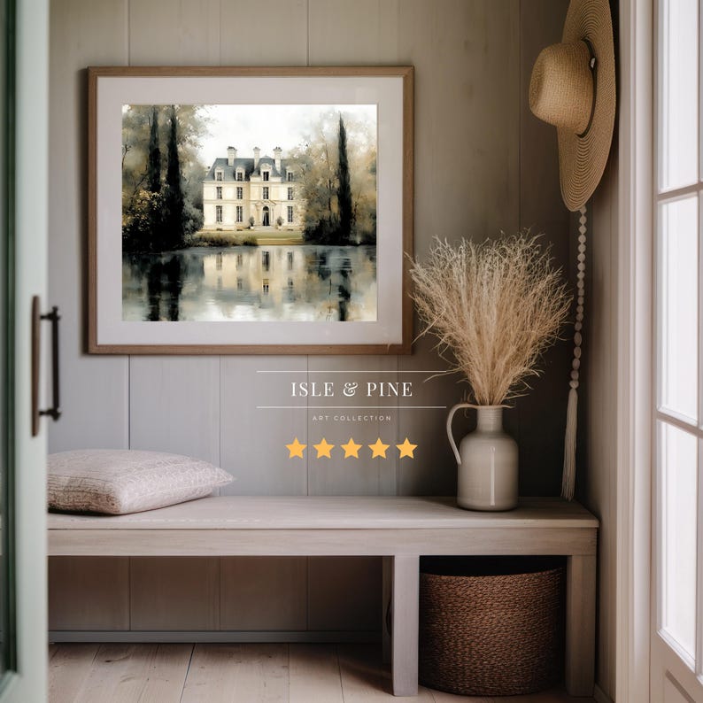 Pastel chateau poster for meditation space — Serene reflections and soft brushwork create a calming environment for mindfulness practices.