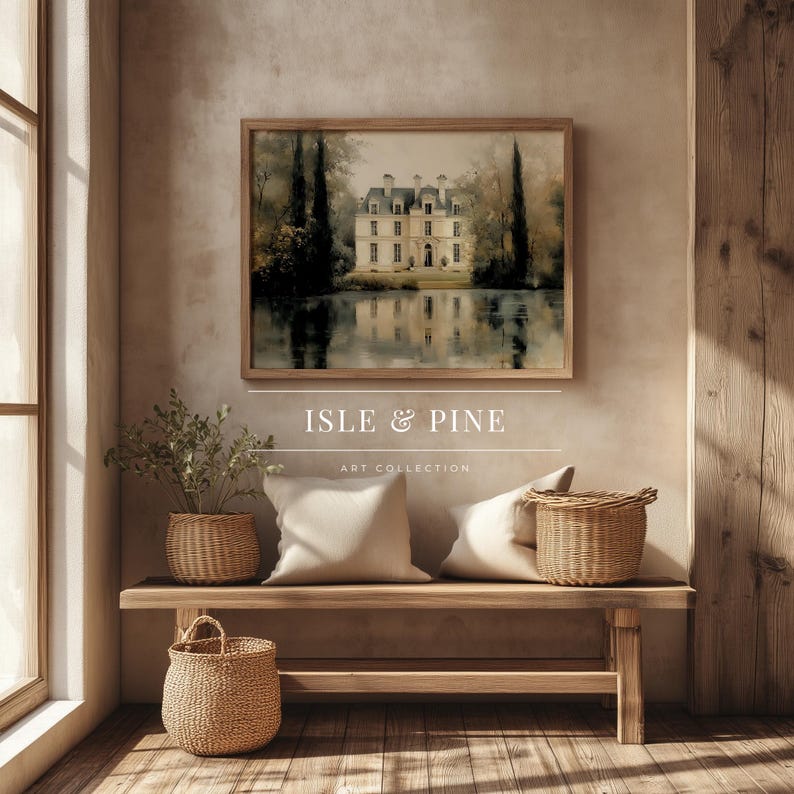 Mystical chateau poster for foyer — A picturesque scene of dawn light and soothing colors that invites guests into your cozy home.