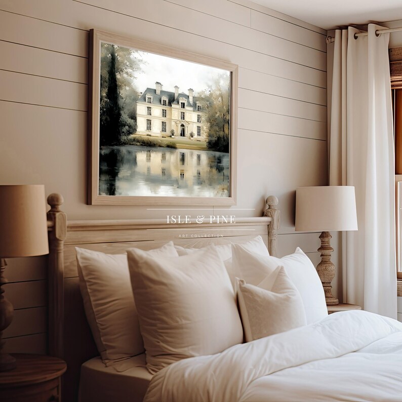 Vintage French chateau wall art for hallway — Impressionist style with muted colors capturing a moody dawn reflection on a peaceful pond.