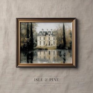 Tranquil chateau digital download for study — Soft morning mist and gentle hues embody calmness, ideal for a peaceful retreat.