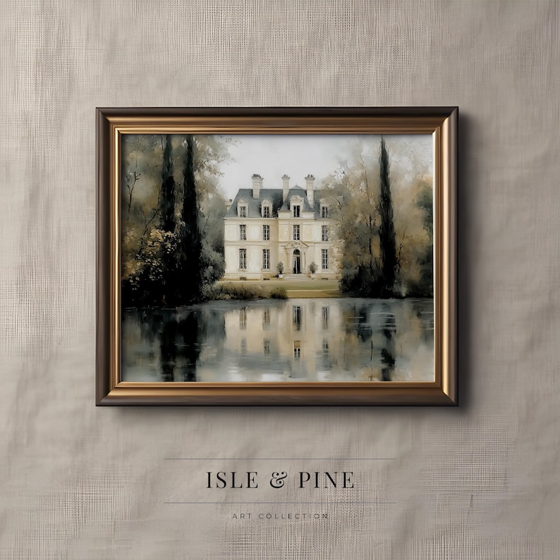 Tranquil chateau digital download for study — Soft morning mist and gentle hues embody calmness, ideal for a peaceful retreat.