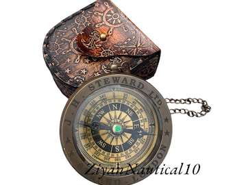 Brass Pocket Compass with Leather Box - Nautical Steampunk Decor