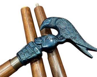 Raven Skull Walking Cane – Blue Brass Gothic Steampunk Walking Stick