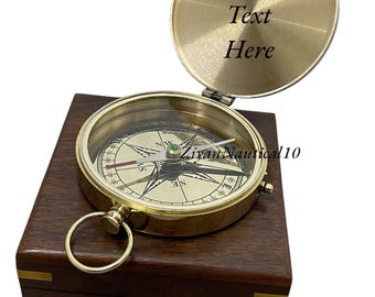 Engraved Brass Compass with Wooden Box: Vintage Nautical Gift