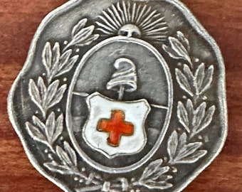 Red Cross CRUZ ROJIA Argentina Socio Member Numbered 6174 Silver & Enamel Medal on 18 inch sterling rolo chain