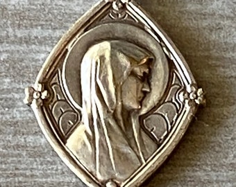 Art Nouveau Holy Virgin Mary of Lourdes Vintage Religious Medal Pendant on 18" sterling silver rolo chain