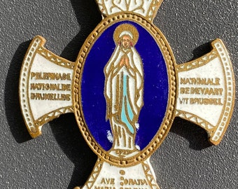 Mother Mary Cross Ave Maria Pilgrimage Badge from Brussels Gratia Plena on Black Cord