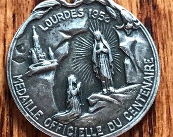 Vintage Official Religious Medal for the CENTENARY of the Apparition of LOURDES Pius XII Religious Jewelry on 18" sterling silver rolo chain