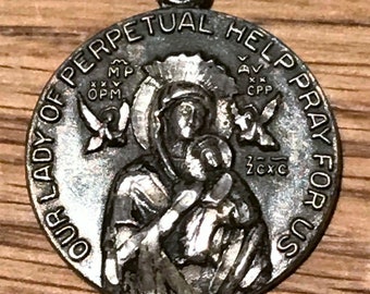 Our Lady of Perpetual Help Vintage Sterling Silver Religious Medal Pendant on 18" sterling rolo chain