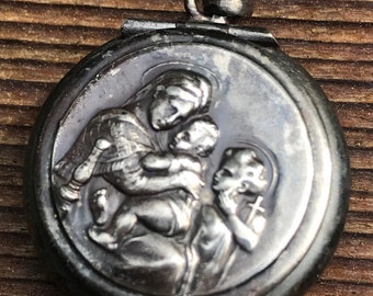 Mother Mary - Baby Jesus - John the Baptist - Vintage 800 Silver - German ROSARY Locket Case on 18" sterling silver rolo chain