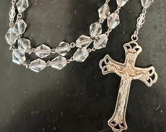 Vintage Cut Crystal 25" Sterling Silver ROSARY Clear Beads Religious Rosary Beads Jewelry