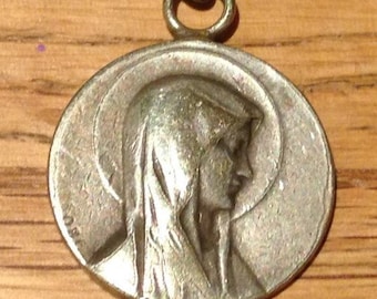 Antique Portrait Holy Virgin Mary of Lourdes Vintage Medal signed OBC on 18" sterling silver rolo chain