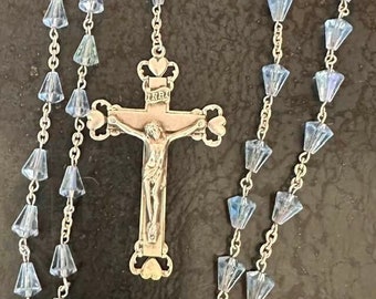 Vintage Cut Crystal 24" Sterling Silver FORSTNER ROSARY Pale Blue Beads Religious Rosary Beads Jewelry