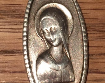 Mother Mary Vintage Miraculous Vintage Sterling Silver Religious Medal Pendant Engraved Brigitte on 18" sterling silver rolo chain