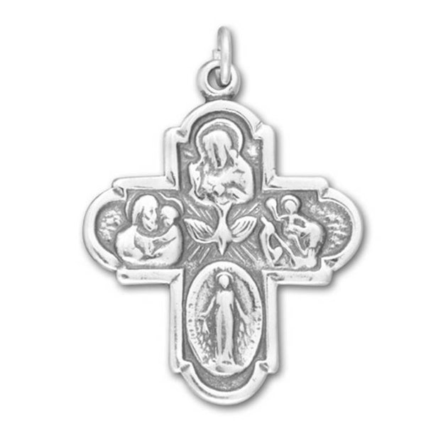 Four Way Sterling Silver Religious Medal Pendant on 18 inch sterling silver rolo chain