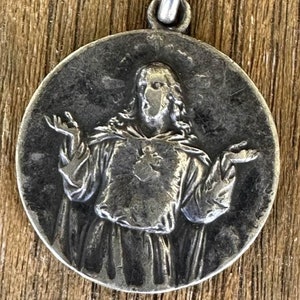 Sacred Heart of Jesus Christ Vintage French Silver Religious Medal Pendant on 18&quot; sterling silver rolo chain