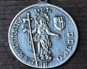 Vintage OUR LADY of the DUOMO of Milan Religious Medal Pendant on 18" sterling silver rolo chain