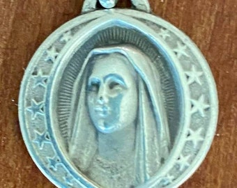 Holy Virgin Mary of Lourdes & Stars Silver Religious Medal Pendant on 18" sterling silver rolo chain