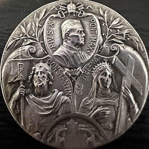RESERVED for L — Vintage French Religious Medal Pendant: Pope Pius X, Sterling Silver Rolo Chain