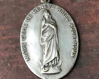 Notre Dame of Geneve Vintage Religious Medal Pendant by HUGUENIN on 18" sterling silver rolo chain