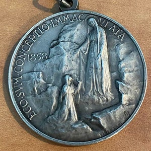 Immaculate Conception Brotherhood Virgin of Lourdes Large Vintage Religious Medal Pendant by Pagani on 20 sterling silver rolo chain image 1