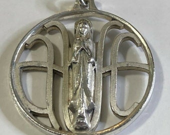 Vintage Holy Mother Mary CREED Silver Religious Medal Pendant on 18" sterling silver rolo chain
