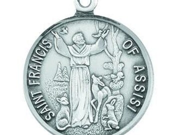 Saint FRANCIS Vintage Jewelry Religious Medal Pendant on 18 inch sterling silver rolo chain
