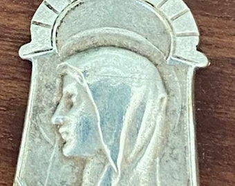 Holy Virgin Mary Art Deco Vintage Religious Medal on 18" sterling silver rolo chain, features a strong lobster claw clasp