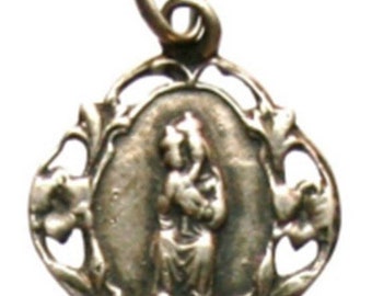 Our Lady Sacred Heart Antique Silver Religious Medal Pendant on 18" sterling silver rolo chain