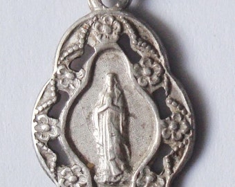 Notre Dame of Lourdes Vintage Silver Souvenir Religious Medal Pendant on 18" sterling rolo chain