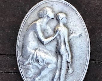 Lady with the Child Art Nouveau Vintage Spiritual Medal to the Orphans on 18 inch sterling rolo chain signed by engraver, A. CARLENS