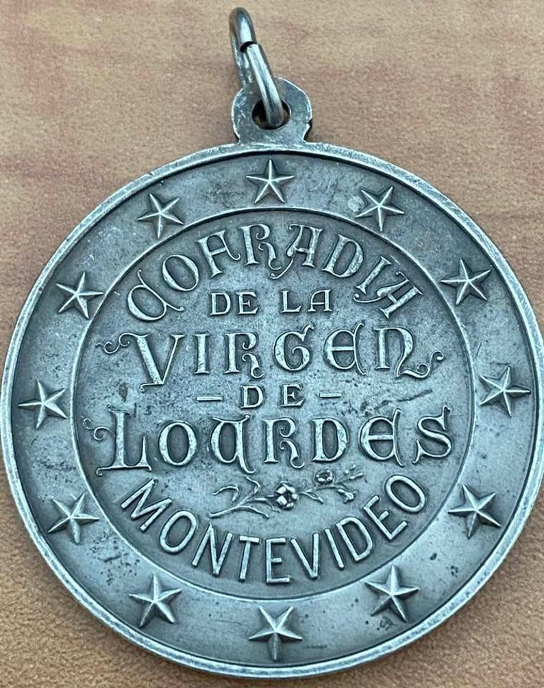 Immaculate Conception Brotherhood Virgin of Lourdes Large Vintage Religious Medal Pendant by Pagani on 20 sterling silver rolo chain image 2