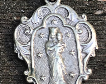 Vintage Notre Dame OUR LADY of AERBODE Religious Medal Pendant on 18" sterling silver rolo chain