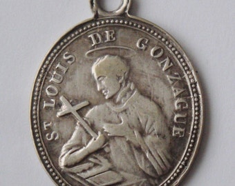 Saint Louis of GONZAGUE  Antique Religious Medal Pendant on 18 inch sterling silver rolo chain