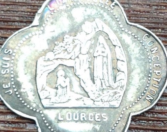 Notre Dame of Lourdes & Sanctuary Antique Silver Religious Medal on 18" sterling silver rolo chain