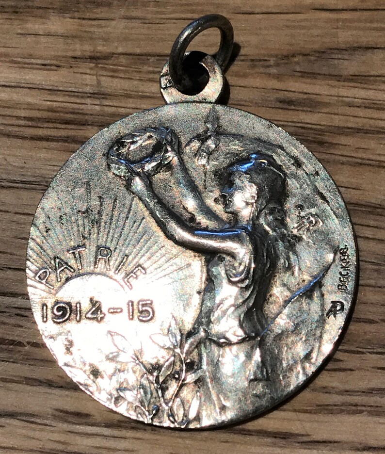 Vintage French MARIANNE Holding the Crown of Laurel Homeland by BECKER 1914-1915 Medal Pendant on 18 sterling silver rolo chain