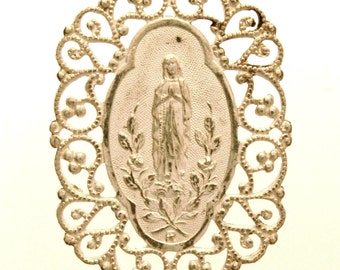 Antique Art Nouveau Silver Religious Medal Pendant to Notre Dame of Lourdes on 18" sterling silver rolo chain