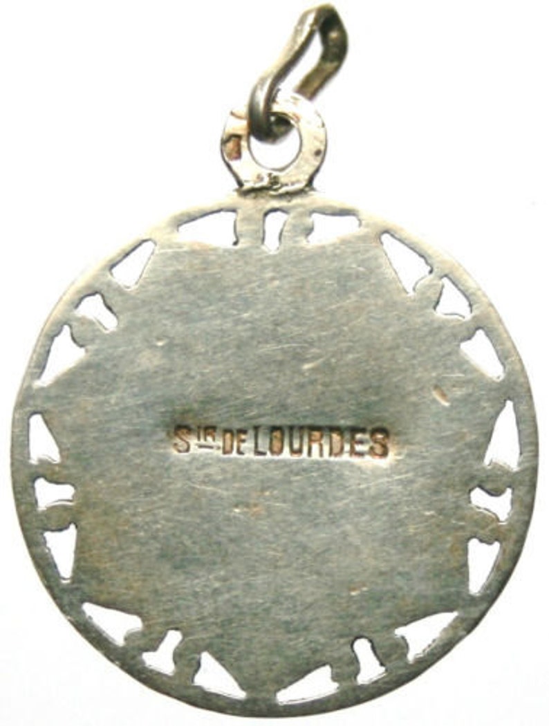 Antique Silver Religious Medal to Notre Dame of Lourdes on 18 sterling silver rolo chain image 3