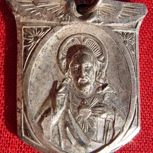 Vintage Sacred Heart & Our Lady Sterling Silver Medal Pendant - 18&quot; Chain