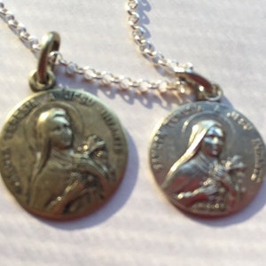 Saint Theresa Double Portraits Vintage Religious Medals on 18" sterling silver rolo chain