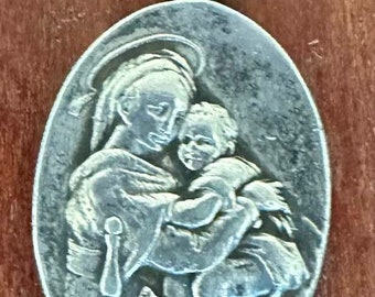 Virgin of the Chair Virgin Mary & Child after Raphael Silver Religious Medal Religious Jewelry Religious Pendant on 18" sterling rolo chain,