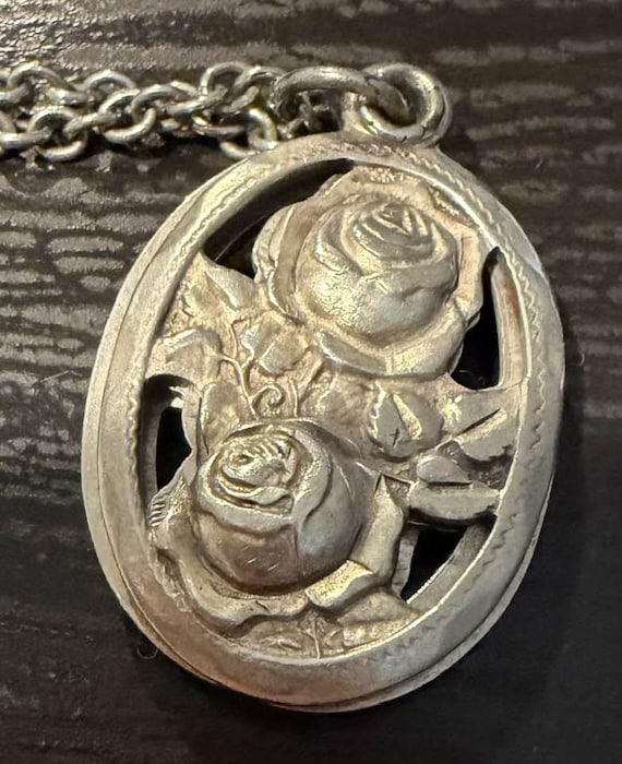 3 Way Slide Roses Vintage Silver Catholic Medal on Original 24" Sterling Cable Chain