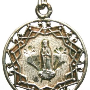 Antique Silver Religious Medal to Notre Dame of Lourdes on 18 sterling silver rolo chain image 2