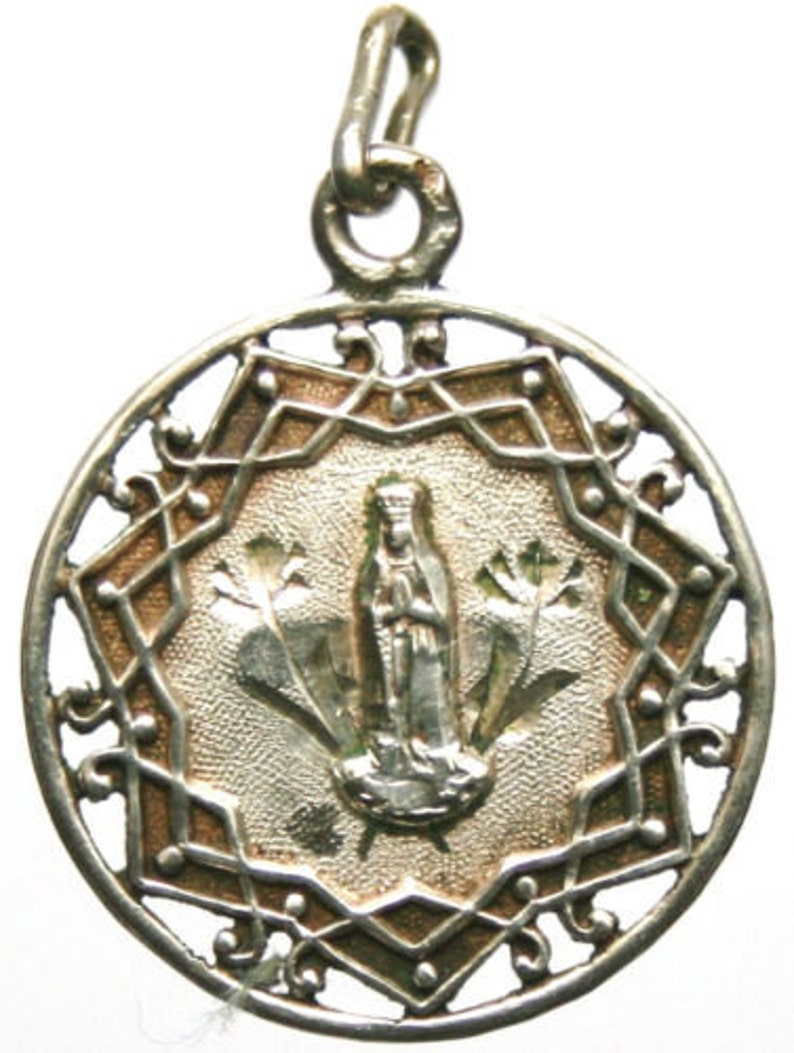 Antique Silver Religious Medal to Notre Dame of Lourdes on 18 sterling silver rolo chain image 2