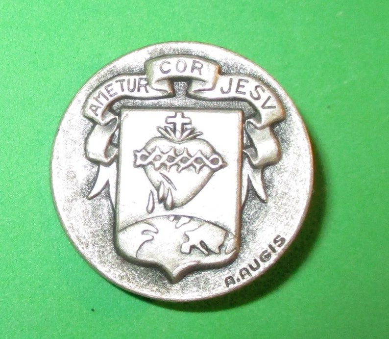 Vintage Sacred Heart of Jesus Religious Medal Brooch SIGNED A AUGIS