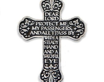 Motorist Travel Visor Clip - Motorist Prayer Cross- Pewter Visor Clip - Car Driving Protection